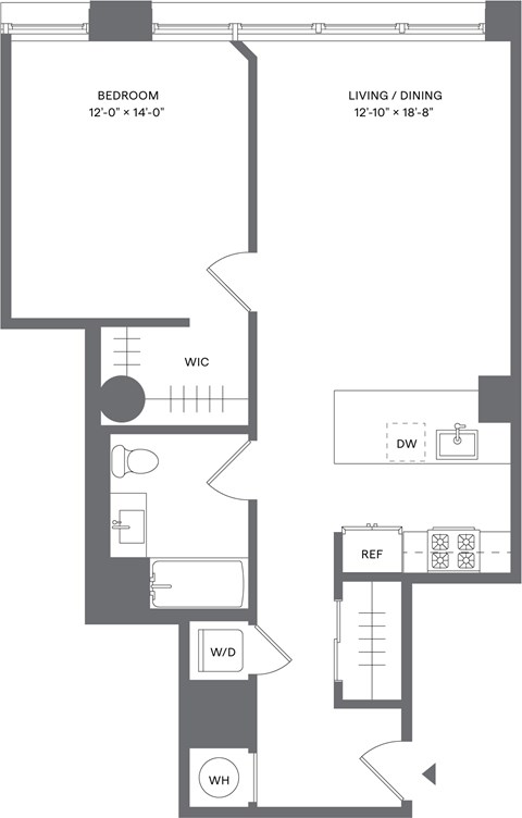 Floor plan for 1 bed, 1 bath, 800 sqft